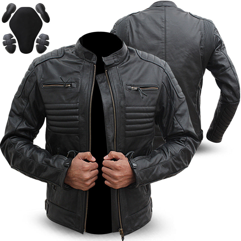 Mens Motorcycle Genuine Leather Jacket Motorbike Biker CE Armours Black