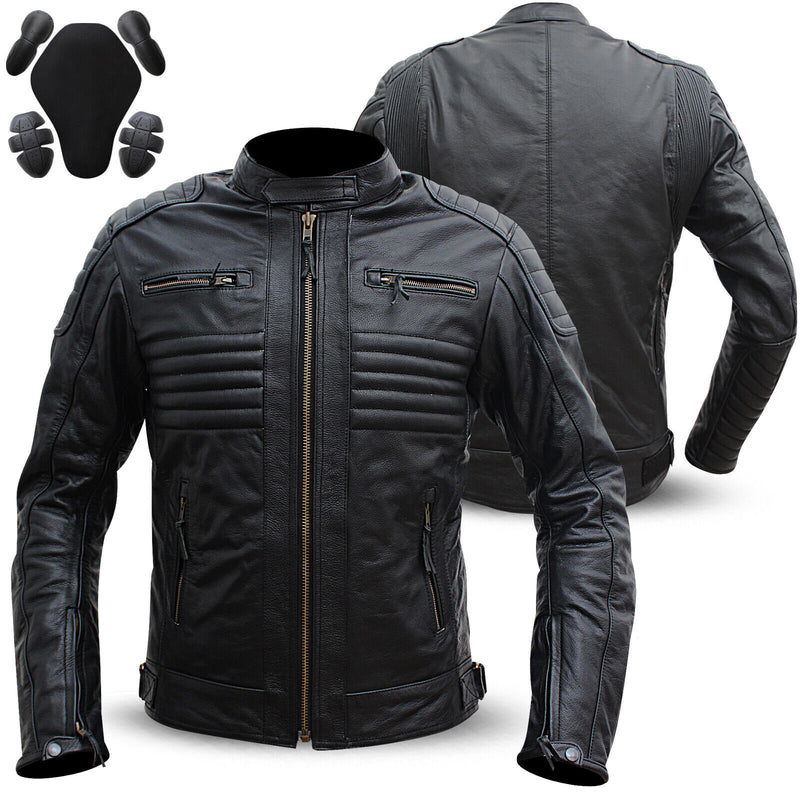 Mens Motorcycle Genuine Leather Jacket Motorbike Biker CE Armours Black