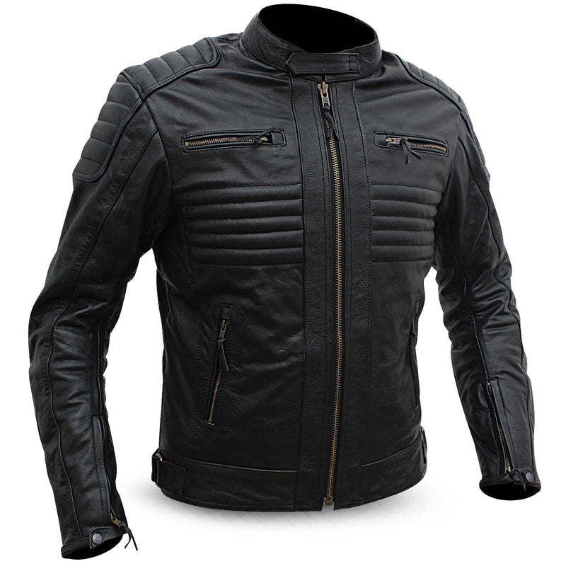 Mens Motorcycle Genuine Leather Jacket Motorbike Biker CE Armours Black