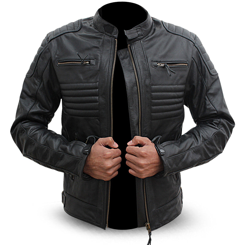 Mens Motorcycle Genuine Leather Jacket Motorbike Biker CE Armours Black